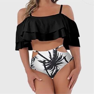 Black Ruffle Tankini Top Palm Tree Bottom 2 Piece Swuimsuit